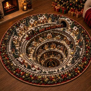 May include: A circular rug featuring a 3D-effect Christmas village scene with a spiraling train track, miniature houses, snow-covered pine trees, and a central tunnel. The border is decorated with a garland of pine branches, red bows, and ornaments.