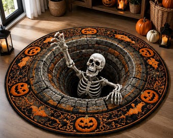 3D Skeleton Optical Illusion Round Rug Halloween Floor Mat Spooky Pumpkin Hole Carpet Scary Bottomless Pit Home Decor Halloween Party Rug
