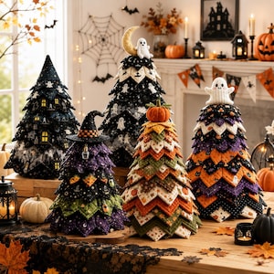 DIY Quilted Halloween Fabric Tree Kit Mini Patchwork Tabletop Spooky Witch Ghost Pumpkin Centerpiece Gothic Fall Decor