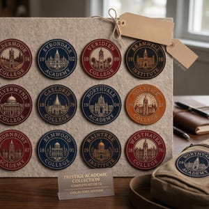 May include: A collection of twelve circular patches featuring college crests, displayed on a light gray felt board. Each patch has a unique design with the college name and founding year. The set includes a "Collector's Edition" card.
