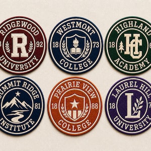 May include: Six circular embroidered patches with school names and logos. The patches are in various colors, including maroon, navy, green, and orange. Each patch features text such as "Ridgewood University" and "Westmont College."