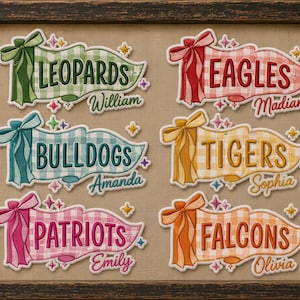 May include: Six embroidered pennant-shaped patches featuring gingham patterns in green, pink, blue, yellow, magenta, and orange. Each patch displays a team name and a personal name: Leopards William, Eagles Madiam, Bulldogs Amanda, Tigers Sophia, Patriots Emily, and Falcons Olivia, accented with bows and small star icons.