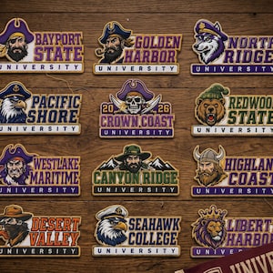 May include: A collection of university-themed patches with various mascots and text. The patches feature images of a pirate, wolf, eagle, bear, and other figures. Each patch has the university name and the word "UNIVERSITY" below.