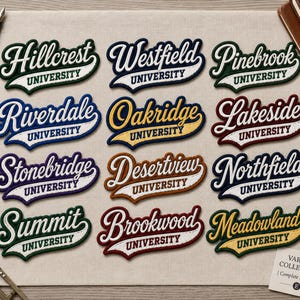 May include: A collection of twelve varsity-style embroidered patches, each featuring a different university name in a script font. The patches are in various colors, including green, blue, and maroon, with a white border. The text "UNIVERSITY" is below each name.