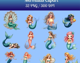 Paquete de imágenes prediseñadas PNG de sirenas, imágenes prediseñadas de acuarela bajo el mar, linda sirena PNG, imágenes prediseñadas de animales marinos, fiesta de baby shower de sirenas