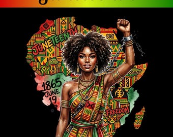 Juneteenth PNG, diseño de camiseta de mujer afro de la Reina Negra, arte de la libertad del mapa de África, sublimación del Mes de la Historia Negra PNG