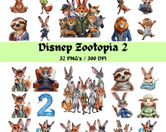 Paquete de imágenes prediseñadas de acuarela de Zootopia 2, Judy Hopps Nick Wilde PNG, imágenes prediseñadas de animales de dibujos animados, Zootropolis Zoomania PNG