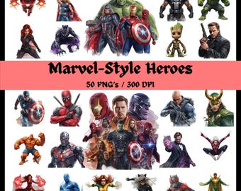 Paquete de imágenes prediseñadas de superhéroes en acuarela, héroes al estilo Marvel en formato PNG, imágenes prediseñadas inspiradas en los Vengadores, sublimación de cumpleaños de superhéroes.