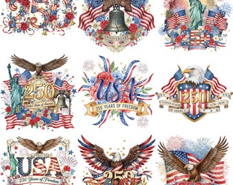 Paquete de imágenes PNG del 250 aniversario de EE. UU., 250 años de libertad en EE. UU. (PNG), imágenes prediseñadas de águila patriótica, sublimación del 4 de julio.
