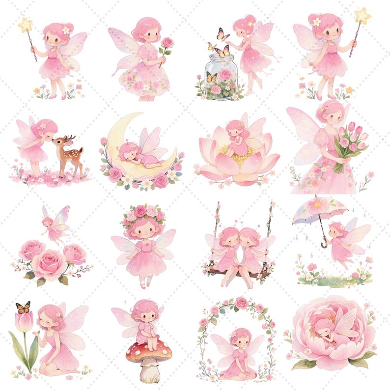 Watercolor Pink Fairy Clipart Bundle, Magical Garden PNG, Baby Fairy ...