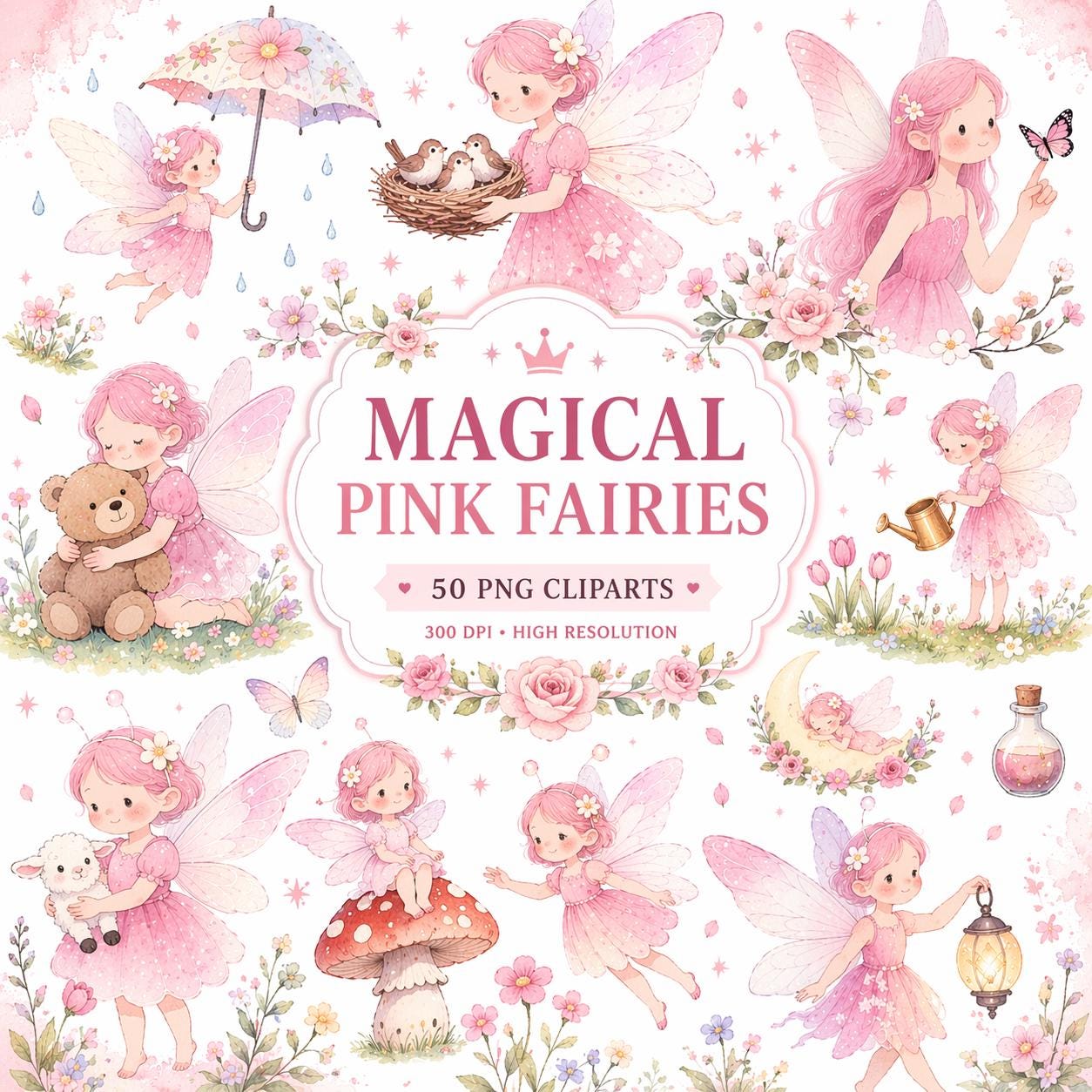 Watercolor Pink Fairy Clipart Bundle, Magical Garden PNG, Baby Fairy ...