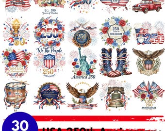 Paquete de imágenes PNG del 250 aniversario de EE. UU., imágenes prediseñadas de 250 años de libertad en Estados Unidos, imágenes PNG patrióticas de 1776-2026, Cuatro de Julio
