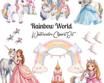 Paquete de imágenes prediseñadas de acuarela de Rainbow World, Princesa Unicornio PNG, imágenes prediseñadas de Castillo de Cuento de Hadas en tonos pastel, gráficos para baby shower