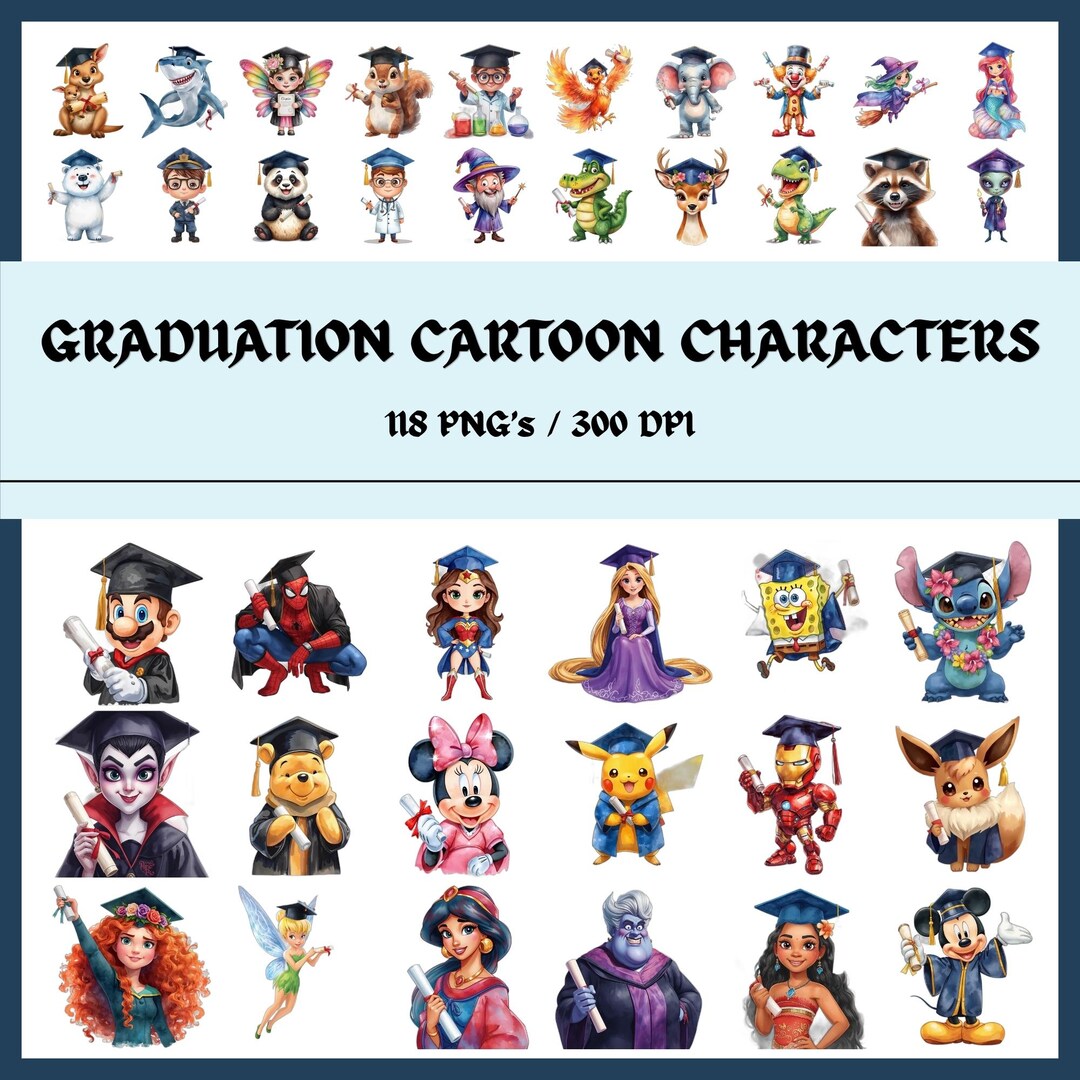 Graduation Cartoon Characters PNG Bundle, Graduate Clipart, School ...