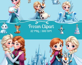 Frozen Watercolor Clipart Bundle, Elsa Anna Olaf Characters, Winter Party Graphics (Digital Download)