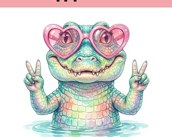 Coccodrillo preppy PNG, Alligatore femminile con occhiali da sole a forma di cuore, Sublimazione di animali estivi, Design di magliette per bambini alla moda, PNG carino
