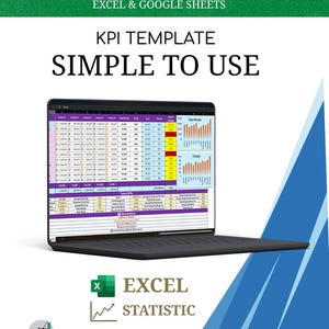 Può includere: Un laptop nero che mostra un modello KPI con grafici e tabelle di dati. Lo schermo mostra il testo "KPI TEMPLATE SIMPLE TO USE". Sotto il laptop ci sono il logo di Excel e la parola "STATISTIC". Lo sfondo è verde e blu.