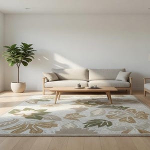 Könnte beinhalten: Ein helles, luftiges Wohnzimmer mit neutraler Farbpalette. Es verfügt über ein helles Sofa, ein kleineres Sofa, einen Holztisch und einen Teppich mit Blumenmuster. Eine Topfpflanze und eine Stehlampe ergänzen die Einrichtung. Große Fenster sorgen für natürliches Licht.