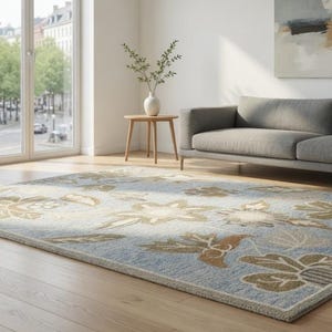 Handmade Tufted Floral Area Rug - Large Blue & Beige Wool Carpet for Living Room - Modern Leaf Pattern Rug - Luxury Home Decor Gift