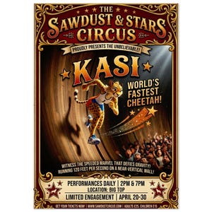 Puede incluir: Un cartel de circo vintage con un guepardo de dibujos animados. El cartel anuncia "The Sawdust & Stars Circus" y "Kasi, ¡el guepardo más rápido del mundo!" El guepardo corre por una pared vertical a 36,58 metros por segundo.