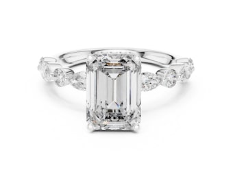 Emerald Cut Moissanite Engagement Ring, 925 Sterling Silver Halo Band, Marquise Accents