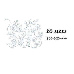 May include: A dark blue line art embroidery design featuring a floral pattern with various flowers, leaves, and stems. The text to the right reads 20 SIZES and 2.50-8.20 inches, indicating the available dimensions for this digital embroidery file.