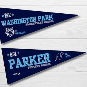 May include: Two navy blue pennant flags with white and light blue text. The top flag reads "WASHINGTON PARK ELEMENTARY SCHOOL" and "GRADE 4 2026". The bottom flag reads "PARKER PRIMARY SCHOOL" and "CLASS OF 2026".