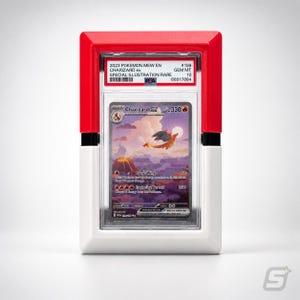 May include: A graded Pokémon card featuring Charizard ex. The card is encased in a red and white holder with the text "2023 POKEMON MEW EN CHARIZARD ex SPECIAL ILLUSTRATION RARE" and "#199 GEM MT 10". The card art depicts Charizard flying over a volcanic landscape.