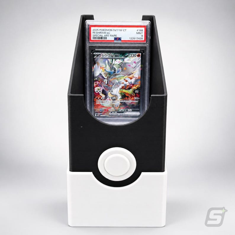 May include: A black and white plastic display stand featuring a circular button design on the front. Inside the stand is a graded trading card in a clear plastic slab labeled 2025 POKEMON SV11W CT RESHIRAM EX #168 MINT 9.