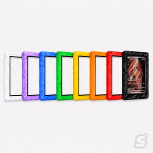 May include: A row of eight rectangular display frames in white, purple, blue, green, yellow, orange, red, and black. Each frame features a faceted, geometric texture. The black frame on the far right contains a trading card with a character illustration.