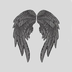 May include: A pair of embroidered angel wings featuring detailed black stitching on a light gray background. The design showcases layered feather patterns with intricate line work, creating a textured appearance for this decorative patch.