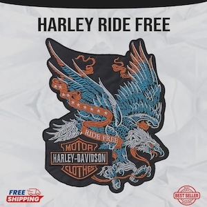 Harley Davidson Embroidered Patch, Eagle Ride Free Biker Appliqué (10x12)