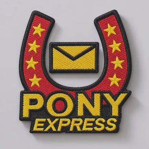May include: A red and black embroidered patch shaped like a horseshoe with six yellow stars, a yellow envelope icon in the center, and the yellow text PONY EXPRESS at the bottom. The design features a black border and detailed thread stitching.