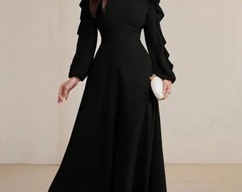 Black Chiffon Ruffle Maxi Dress, Long Sleeve Elegant Modest Tiered Evening Gown, Muslim Party Dress, Eid Outfit, Gift for Her