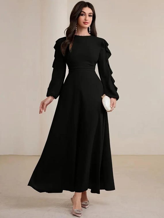 Black Chiffon Ruffle Maxi Dress, Long Sleeve Elegant Modest Tiered Evening Gown, Muslim Party Dress, Eid Outfit, Gift for Her