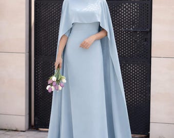 Dusty Blue Cape Chiffon Dress, Modest Evening Gown, Chiffon Cape Maxi Dress, Wedding Guest Dress, Formal Dress Women, Minimalist Gown