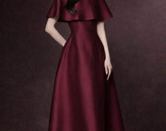 Robe midi en satin bordeaux à manches cape | élégante robe de soirée formelle | Robe d'invitée de mariage trapèze | Robe de cocktail modeste femme
