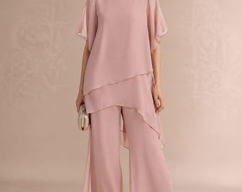 Conjunto de dos piezas de gasa rosa empolvado, atuendo para la madre de la novia, pantalones palazzo de pierna ancha y blusa túnica asimétrica, conjunto para invitada de boda.