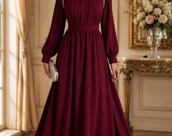 Modest Maxi Dress, Burgundy Long Sleeve Wedding Guest Dress, High Neck Chiffon Formal Gown, Muslim Hijab Friendly Rhinestone, Gift for Her