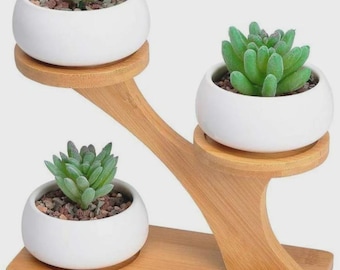 Soporte moderno de madera para 3 macetas de cerámica, decoración de estilo rústico moderno de mediados de siglo, soporte para plantas de interior, regalo de inauguración de casa para mamá