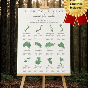 Plantilla de plano de asientos para bodas / Mapa del mundo verde salvia / Destinos de viaje (Descarga digital)