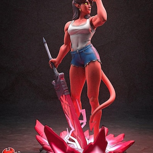 Pode incluir: Uma figura de demônio de pele vermelha com chifres e cauda, vestindo uma regata branca e shorts jeans azuis. A figura segura uma grande espada vermelha brilhante cravada em uma base de cristais vermelhos. O texto H3LL CREATOR está visível.