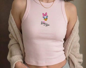 Canotta a coste con ricamo di Paperina, ideale per le vacanze al parco a tema, crop top a collo alto, maglietta con paperella carina, canotta estiva nostalgica