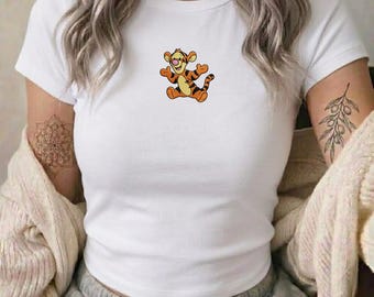 Embroidered Tigger Baby Tee, Winnie the Pooh Tiger Crop Top, Cute Vintage Ribbed T-Shirt, Disney Vacation Summer Clothing Gift for Her