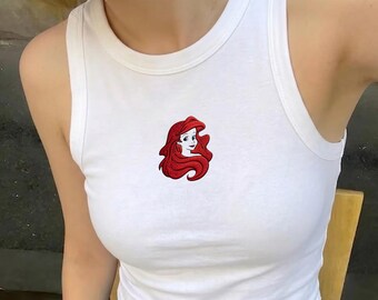 Geborduurd babyshirt Ariel Princess, tanktop kleine zeemeermin, schattige geribbelde crop top Disney Princess, mouwloos shirt Ocean Aesthetic