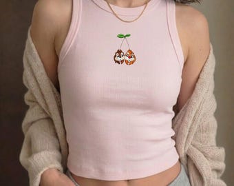 Geborduurde Chip n Dale-tanktop, schattige geribbelde top van Cherry Disney, roze Chip and Dale-shirt, vintage grafische crop top met kersenbloesem