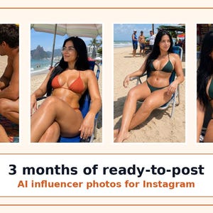 May include: A collection of four photographs featuring a person with long dark hair wearing various bikini sets, including mustard yellow, burnt orange, and dark green styles, with the text 3 months of ready-to-post AI influencer photos for Instagram.