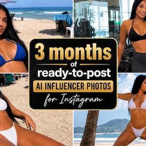 May include: A collage of four images featuring a person with long dark hair in various settings, including a beach and a gym. The central black rectangular graphic displays the text 3 months of ready-to-post AI INFLUENCER PHOTOS for Instagram.
