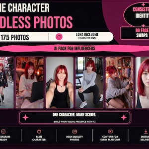 May include: A digital product advertisement titled SAME CHARACTER ENDLESS PHOTOS featuring a collection of six diverse images of a person with red hair in various settings, including text labels like LORA INCLUDED, CONSISTENT IDENTITY, and NO FACE SWAPS.