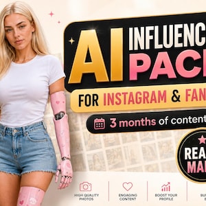 May include: A digital graphic featuring a person with a pink prosthetic arm and leg, wearing a white t-shirt and denim shorts. Text reads AI INFLUENCER PACK FOR INSTAGRAM & FANVUE, 3 months of content, and READY MADE, with icons for photos and branding.